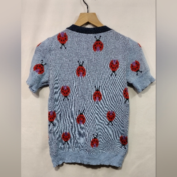 ModCloth Ladybug Knit Short Sleeve Cardigan Sweater Womens S Blue Red Artsy - Picture 6 of 9